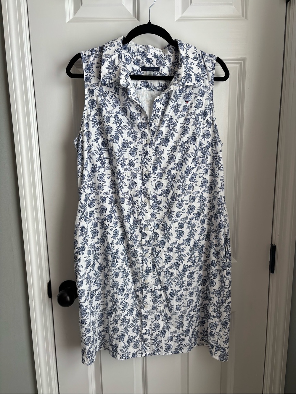 Tommy Hilfiger Sleeveless Linen Blue Floral Button-down Shirt Dress